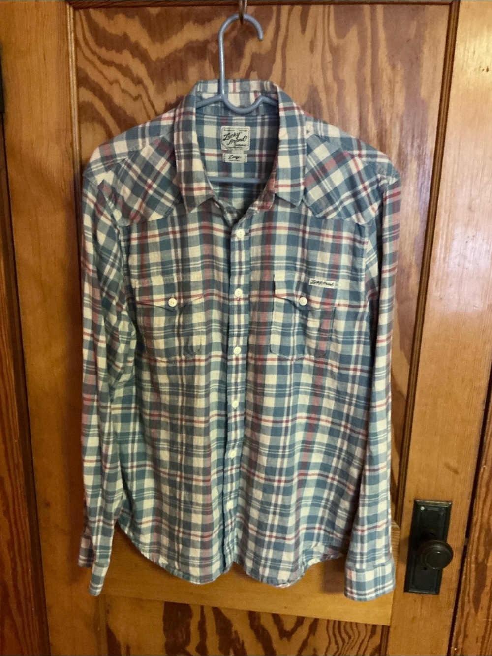 Lucky Brand Western Plaid Pearl Snap Button Up Shirt Large Blue Red Cotton - Picture 5 of 10